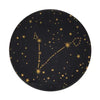 circular image of the star sign virgo in gold with a black background