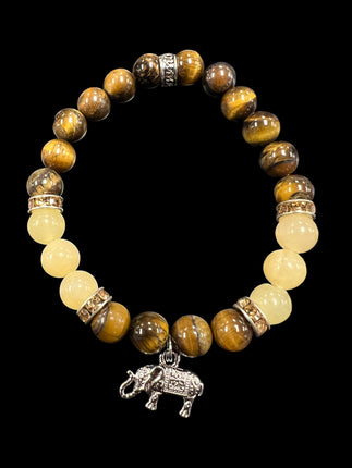 Tiger's Eye and Yellow Calcite with Elephant Charm Bracelet | 8mm Beads