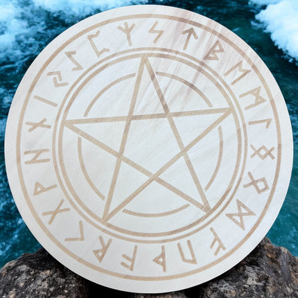 Wooden Crystal Grid with Runes and Pentacle - Raven's Cauldron, 6 N Sandusky St, Delaware OH, 43015