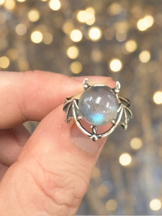 Labradorite Bat Ring Sterling Silver, Adjustable Anxiety Ring, Vampire Jewelry - Raven's Cauldron