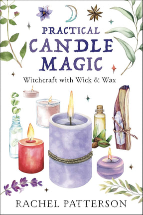 Book cover of 'Practical Candle Magic' with illustrations of candles and herbs on a white background. Raven's Cauldron, 6 N Sandusky St, Delaware, OH 43015