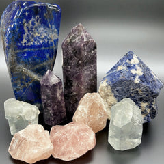 Libra crystal collection featuring lapis lazuli, rose quartz, lepidolite, and aquamarine — perfect for harmony and self-love.