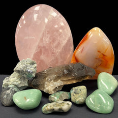 Taurus crystal collection with green aventurine, rose quartz, and smoky quartz — curated for grounding and abundance.