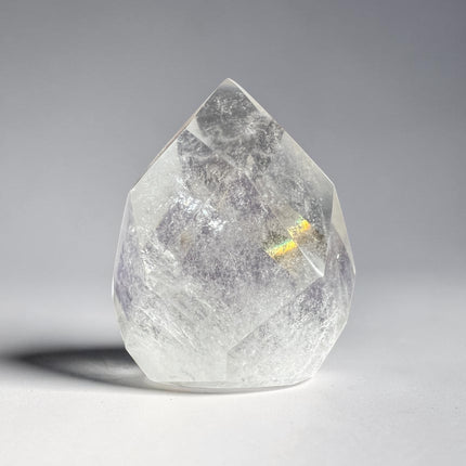 Clear Quartz Faceted Flame crystal weighing 137 grams with polished faceted surfaces for clarity, manifestation, meditation, and energy amplification – Raven's Cauldron, Delaware, OH