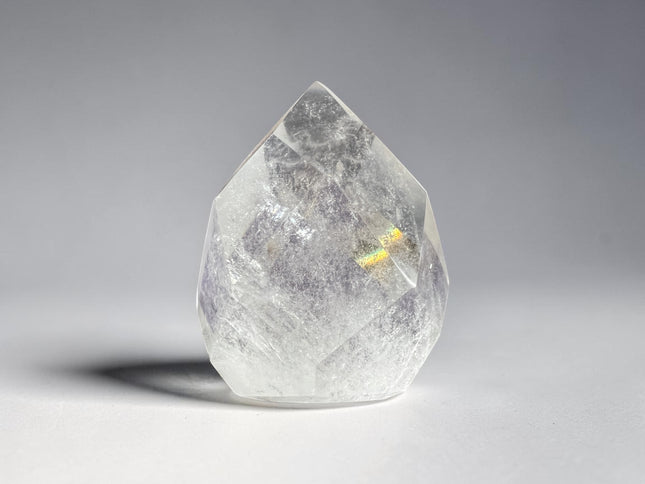 Clear Quartz Faceted Flame crystal weighing 137 grams with polished faceted surfaces for clarity, manifestation, meditation, and energy amplification – Raven's Cauldron, Delaware, OH