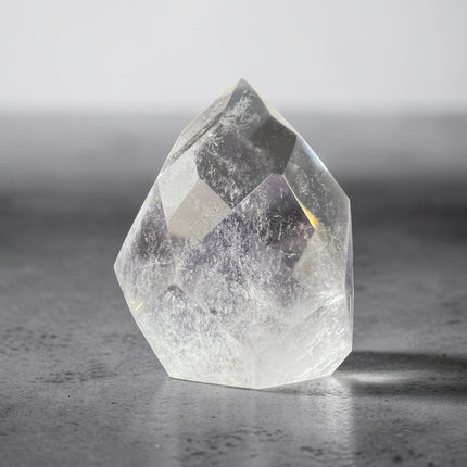 Clear Quartz Faceted Flame crystal weighing 137 grams with polished faceted surfaces for clarity, manifestation, meditation, and energy amplification – Raven's Cauldron, Delaware, OH