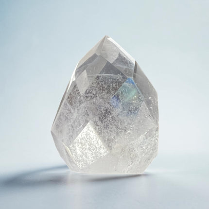 Natural Clear Quartz faceted flame crystal weighing 169 grams with polished finish and beautiful clarity from Raven's Cauldron, Delaware, OH