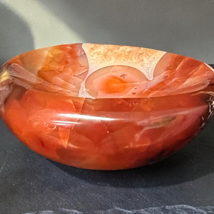Carnelian crystal bowl hand carved polished orange stone 244 grams charging dish for crystals and jewelry, Raven's Cauldron, 6 N Sandusky St, Delaware, OH