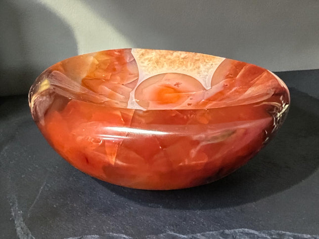 Carnelian crystal bowl hand carved polished orange stone 244 grams charging dish for crystals and jewelry, Raven's Cauldron, 6 N Sandusky St, Delaware, OH