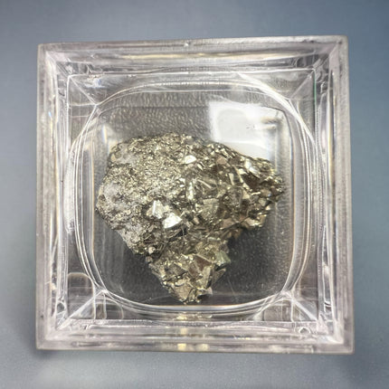 Rare geometric Pyrite crystal specimen from Huanzala Mine Peru in clear magnification display box with sharp metallic cubic formations, 25.19 grams – Raven's Cauldron, Delaware, OH
