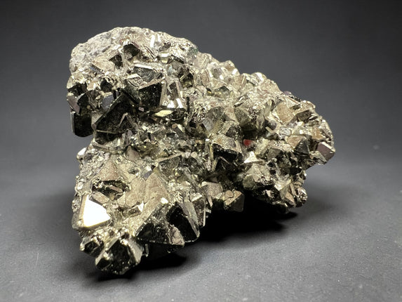 Rare geometric Pyrite crystal specimen from Huanzala Mine Peru in clear magnification display box with sharp metallic cubic formations, 25.19 grams – Raven's Cauldron, Delaware, OH