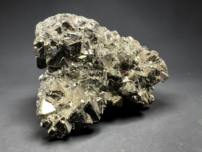 Rare geometric Pyrite crystal specimen from Huanzala Mine Peru in clear magnification display box with sharp metallic cubic formations, 25.19 grams – Raven's Cauldron, Delaware, OH