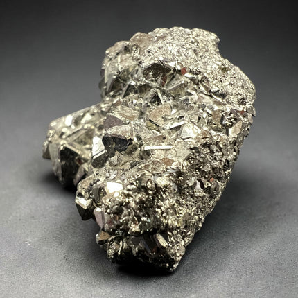 Rare geometric Pyrite crystal specimen from Huanzala Mine Peru in clear magnification display box with sharp metallic cubic formations, 25.19 grams – Raven's Cauldron, Delaware, OH