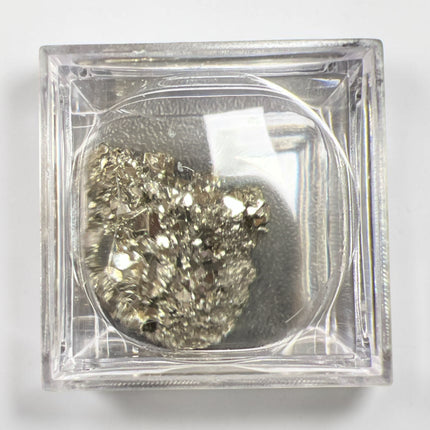 28 gram geometric Pyrite crystal specimen from Huanzala Mine Peru in clear magnification display box with metallic cubic crystal formation - Raven’s Cauldron, Delaware, OH
