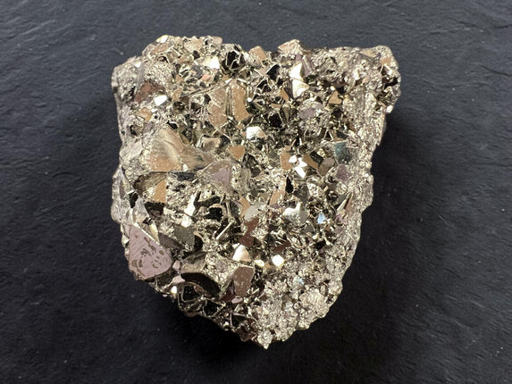 28 gram geometric Pyrite crystal specimen from Huanzala Mine Peru in clear magnification display box with metallic cubic crystal formation - Raven’s Cauldron, Delaware, OH