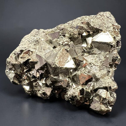 28 gram geometric Pyrite crystal specimen from Huanzala Mine Peru in clear magnification display box with metallic cubic crystal formation - Raven’s Cauldron, Delaware, OH