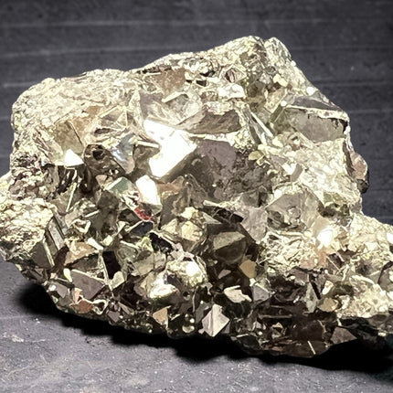 28 gram geometric Pyrite crystal specimen from Huanzala Mine Peru in clear magnification display box with metallic cubic crystal formation - Raven’s Cauldron, Delaware, OH