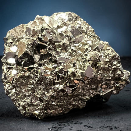 28 gram geometric Pyrite crystal specimen from Huanzala Mine Peru in clear magnification display box with metallic cubic crystal formation - Raven’s Cauldron, Delaware, OH