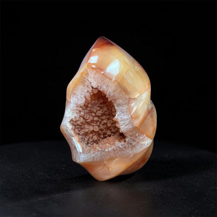 Polished Carnelian Flame with natural druzy crystal pocket weighing 370 grams measuring approximately 4 x 2.5 x 1.75 inches – Raven's Cauldron, Delaware, OH