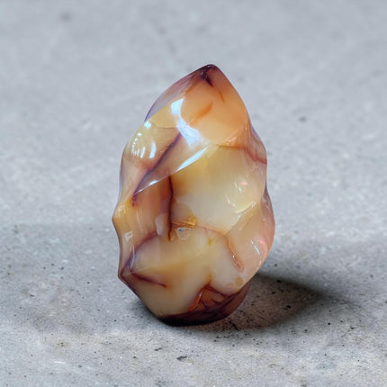Polished Carnelian Flame with natural druzy crystal pocket weighing 370 grams measuring approximately 4 x 2.5 x 1.75 inches – Raven's Cauldron, Delaware, OH
