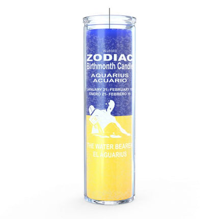 Zodiac-themed candle for Aquarius with blue and yellow design on a white background