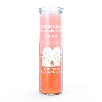 Zodiac-themed candle for Aries with a white ram illustration on a pink background.