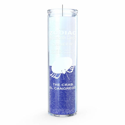 Clear glass tumbler with blue base and white top, featuring text and a logo.