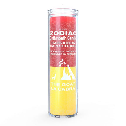 Zodiac-themed candle for Capricorn with red and yellow design on a white background