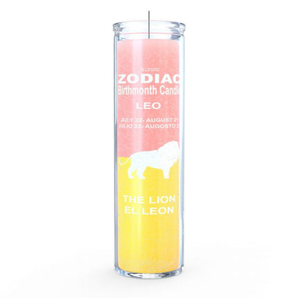 Zodiac-themed candle for Leo with pink and yellow design on a white background