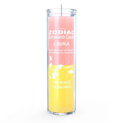Zodiac Libra birthmonth candle with pink and yellow design on a white background