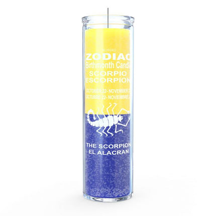 Zodiac candle for Scorpio with blue and yellow design on a white background