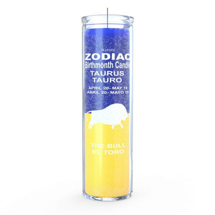 Zodiac Taurus candle in a glass container with blue and yellow design on a white background