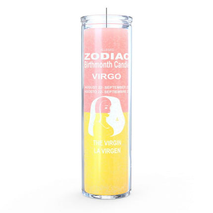 Zodiac Virgo birthmonth candle with pink and yellow design on a white background