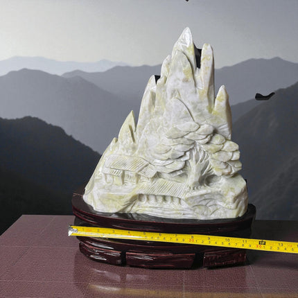 Xiu Jade Asian Village Carving – 14.2 lb Sculpture with Wood Stand