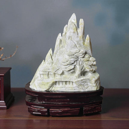 Xiu Jade Asian Village Carving – 14.2 lb Sculpture with Wood Stand