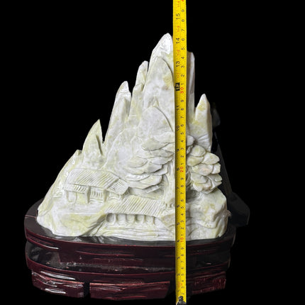 Xiu Jade Asian Village Carving – 14.2 lb Sculpture with Wood Stand