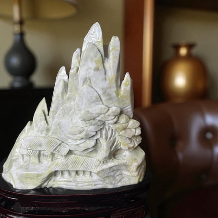 Xiu Jade Asian Village Carving – 14.2 lb Sculpture with Wood Stand