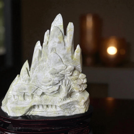 Xiu Jade Asian Village Carving – 14.2 lb Sculpture with Wood Stand