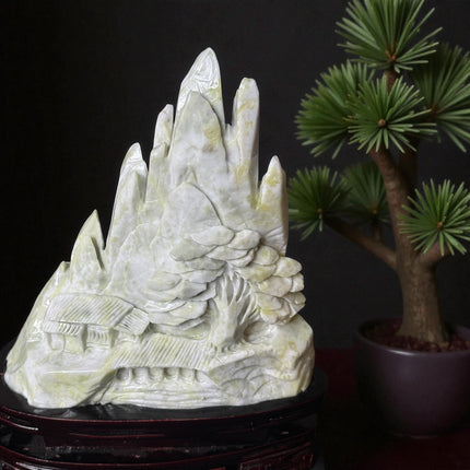 Xiu Jade Asian Village Carving – 14.2 lb Sculpture with Wood Stand