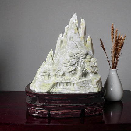 Xiu Jade Asian Village Carving – 14.2 lb Sculpture with Wood Stand