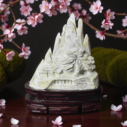 Xiu Jade Asian Village Carving – 14.2 lb Sculpture with Wood Stand
