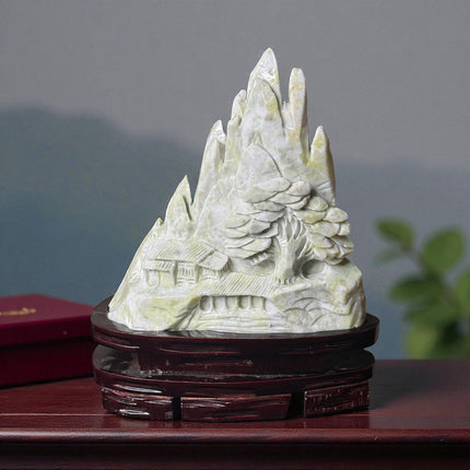 Xiu Jade Asian Village Carving – 14.2 lb Sculpture with Wood Stand