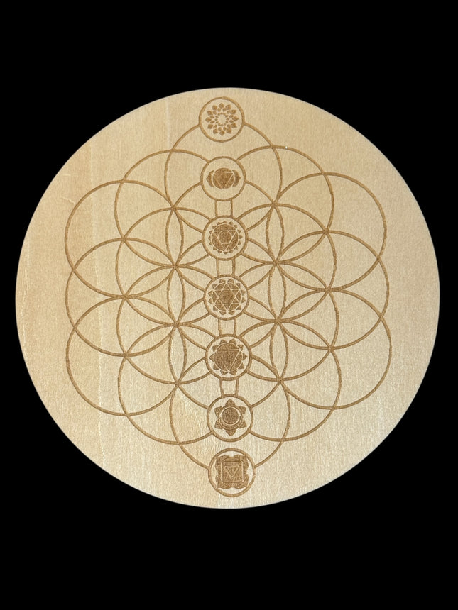 Chakra System mini crystal grid on engraved wood, 4-inch sacred symbol – Raven’s Cauldron, 6 N Sandusky St, Delaware, OH 43015