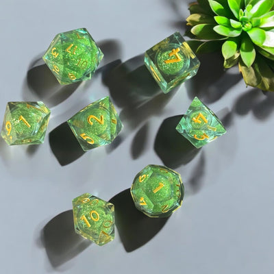 Emerald Green Liquid Core Cosmos Dice Set – 7pc Glitter Dice for RPG