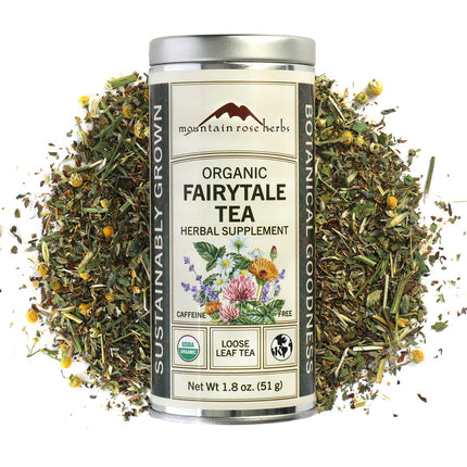 Mountain Rose Herbs Organic Fairytale Tea loose leaf herbal tea in a 1.8 oz reusable canister with approximately 23 servings of caffeine-free organic floral and mint herbal tea.