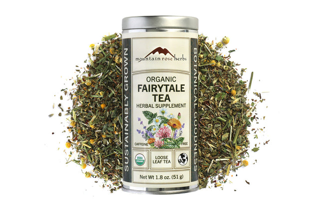 Mountain Rose Herbs Organic Fairytale Tea loose leaf herbal tea in a 1.8 oz reusable canister with approximately 23 servings of caffeine-free organic floral and mint herbal tea.