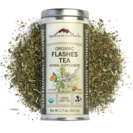 Mountain Rose Herbs Organic Flashes Tea loose leaf herbal tea in a 1.7 oz reusable canister containing approximately 21 servings of organic caffeine-free botanical tea.