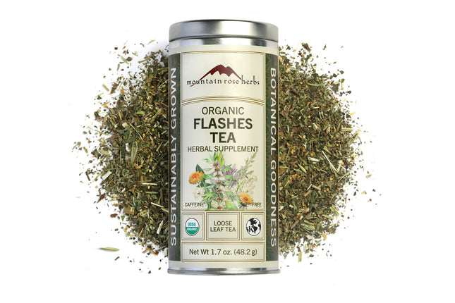 Mountain Rose Herbs Organic Flashes Tea loose leaf herbal tea in a 1.7 oz reusable canister containing approximately 21 servings of organic caffeine-free botanical tea.