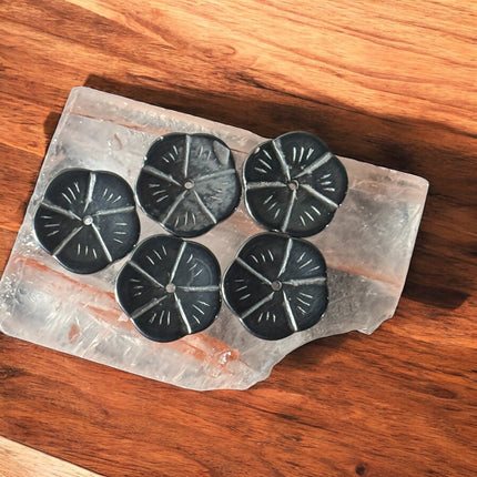 3/4 inch polished Hematite flower for jewelry making and metaphysical decor – Raven's Cauldron, 6 N Sandusky St, Delaware, OH 43015