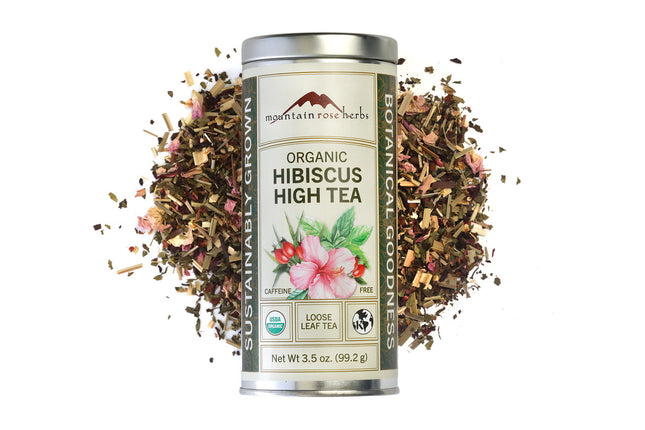 Mountain Rose Herbs Organic Hibiscus High Tea canister with loose tea leaves on a white background, Raven's Cauldron, 6 N Sandusky St, Delaware, OH 43015